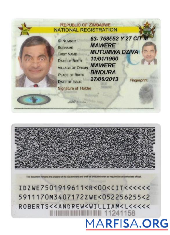 Downloadable Zimbabwe National Registration ID Card template